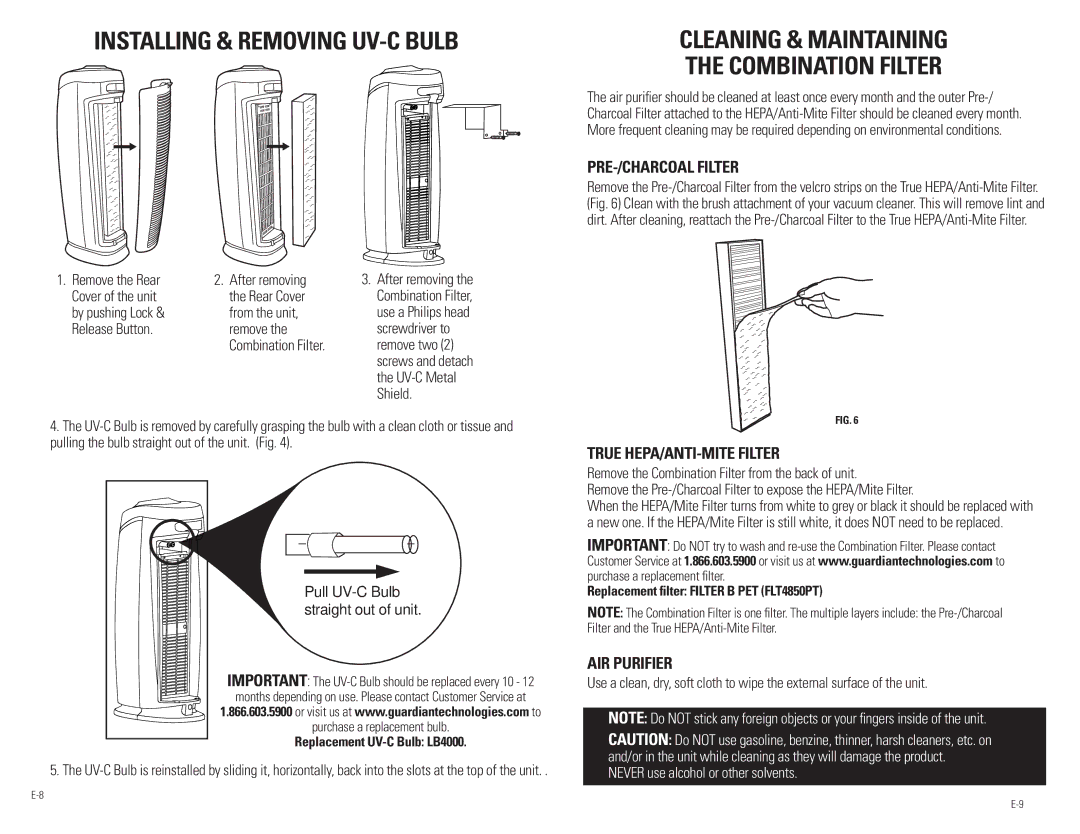 Guardian Technologies Ac4850pT warranty Installing & Removing UV-C Bulb 