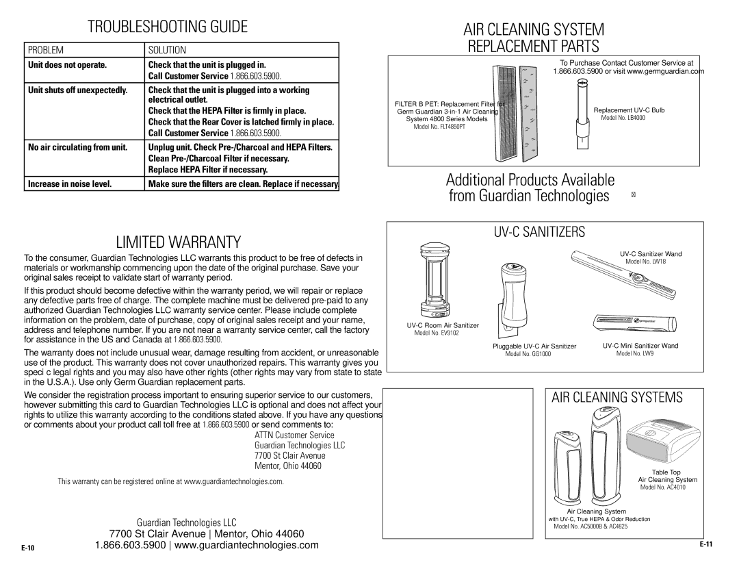 Guardian Technologies Ac4850pT warranty TRoubleShooTING GuIde, LImITed WARRANTy, AIR cleANING SySTem ReplAcemeNT pARTS 