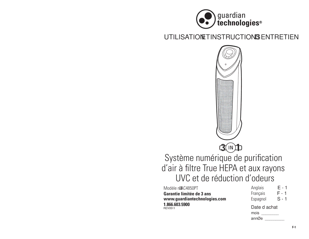 Guardian Technologies Ac4850pT warranty Utilisation ET Instructions D’ENTRETIEN 