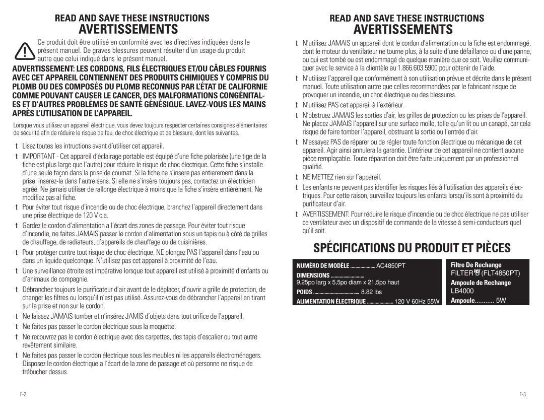 Guardian Technologies Ac4850pT warranty SpÉcifications du produit et piÈces, ’utilisez PAS cet appareil à l’extérieur 