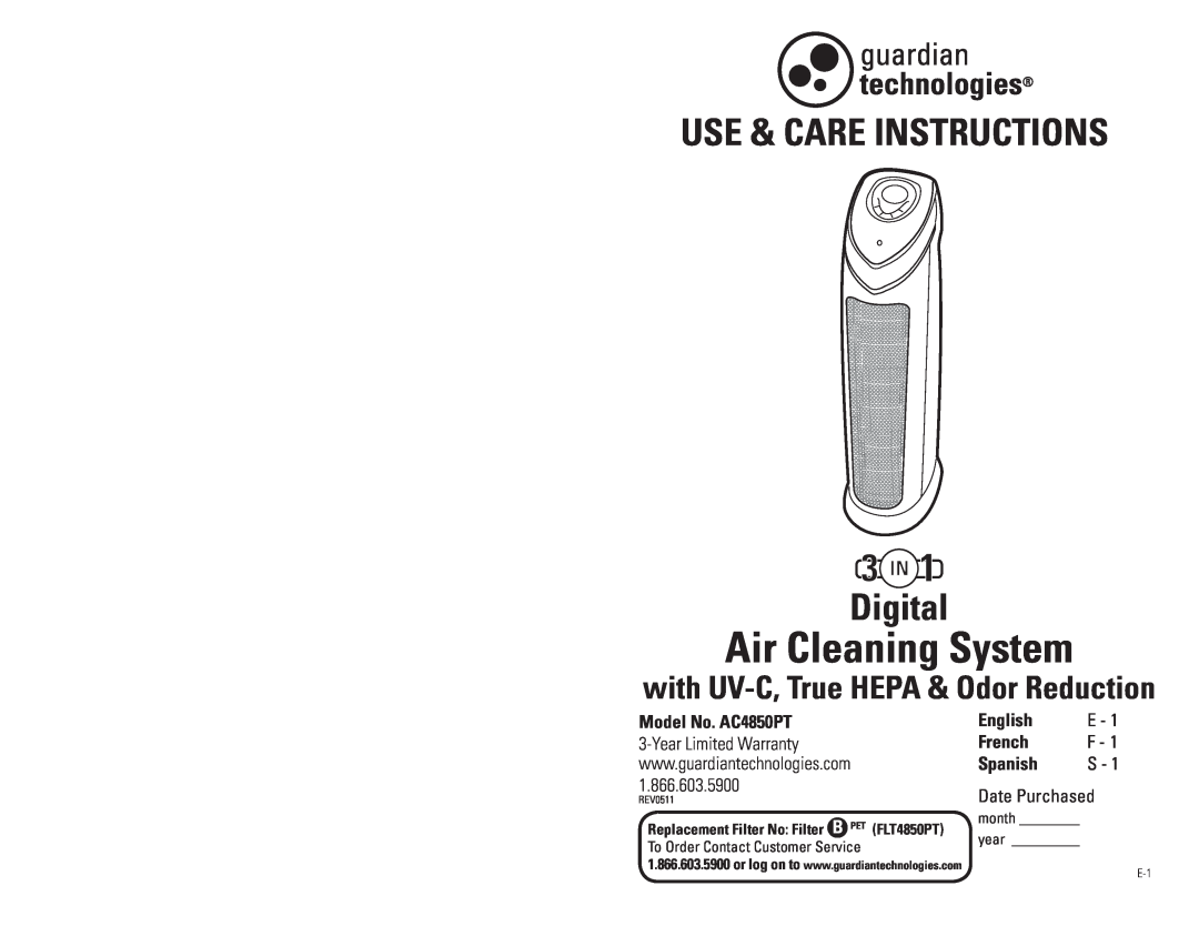 Guardian Technologies warranty with uv-c,True hepA & odor Reduction, model No. Ac4850pT, Date Purchased, digital 