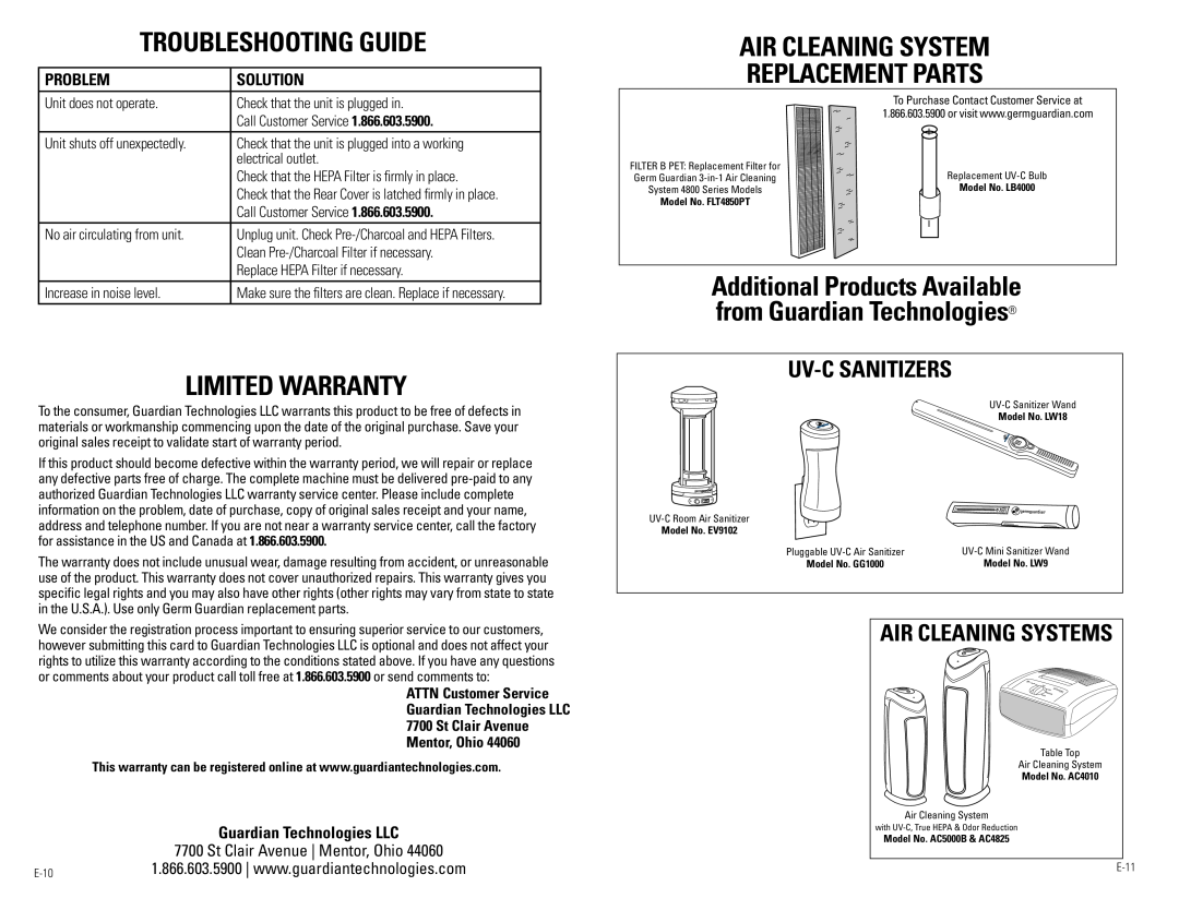 Guardian Technologies Ac4850pT TRoubleShooTING GuIde, lImITed WARRANTy, AIR cleANING SySTem ReplAcemeNT pARTS, pRoblem 