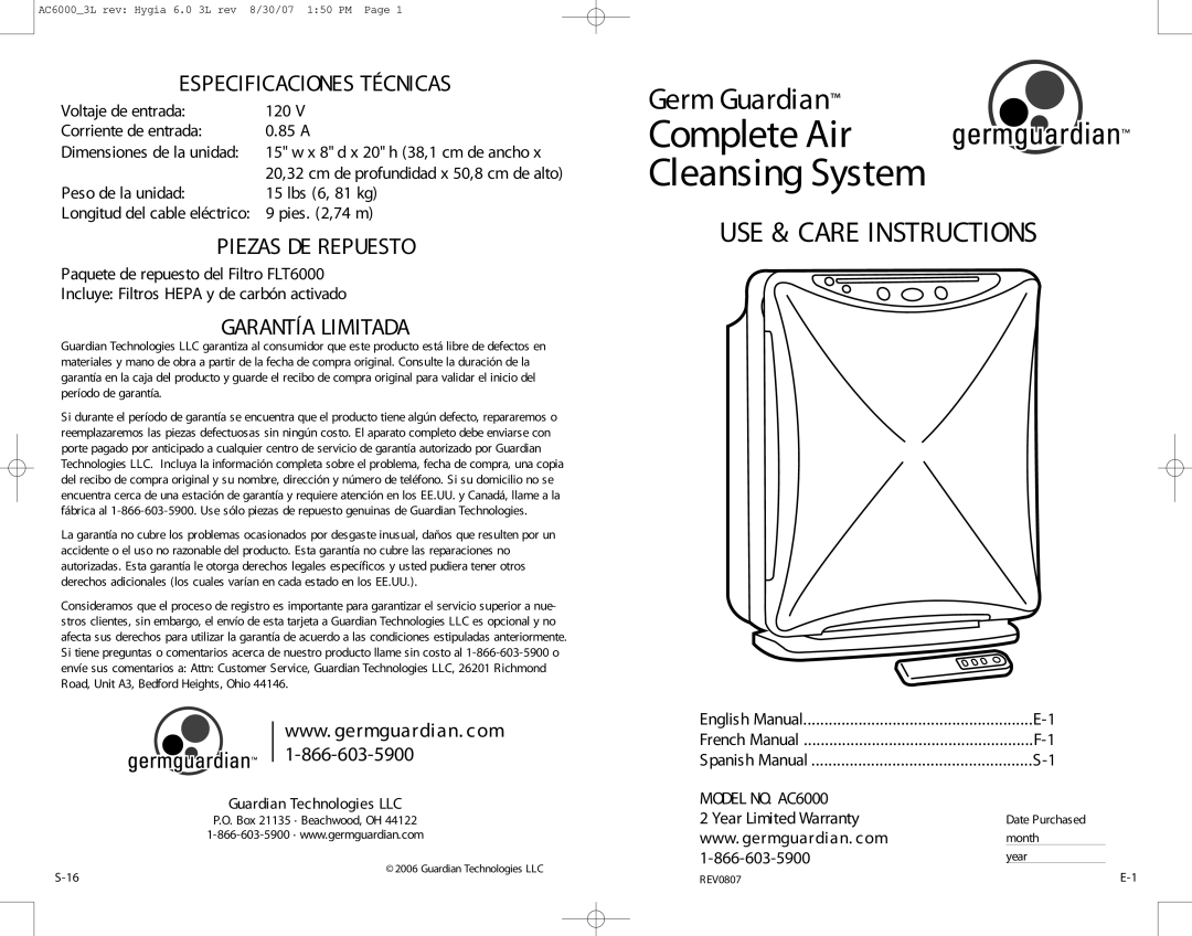 Guardian Technologies AC6000 warranty Germ Guardian, Especificaciones Técnicas, Piezas De Repuesto, Garantía Limitada 