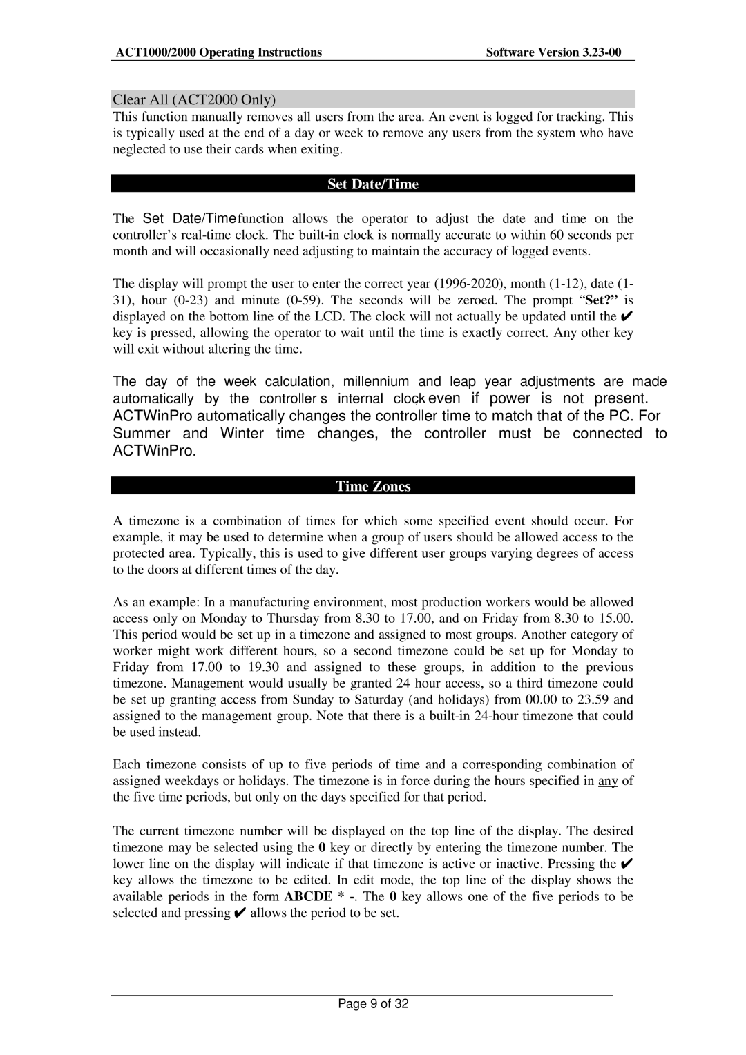Guardian Technologies ACT1000 installation instructions Clear All ACT2000 Only, Set Date/Time, Time Zones 