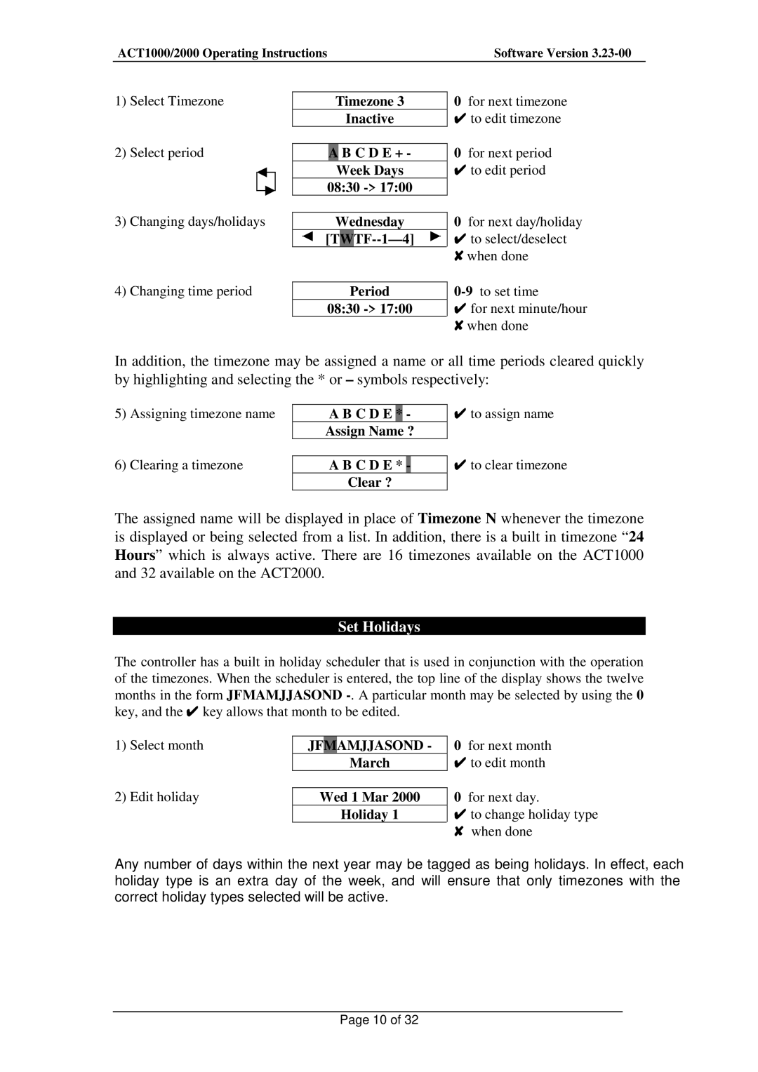 Guardian Technologies ACT2000, ACT1000 Set Holidays, C D E Assign Name ? Clear ?, March Wed 1 Mar Holiday 