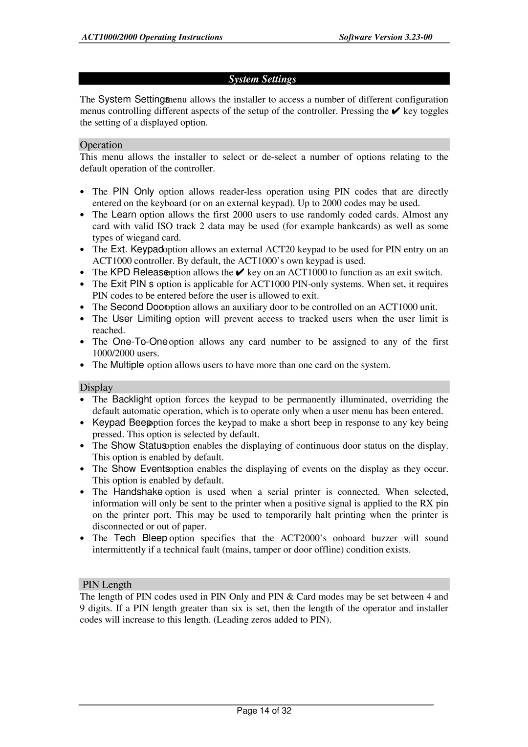 Guardian Technologies ACT2000, ACT1000 installation instructions System Settings, Operation, Display, PIN Length 