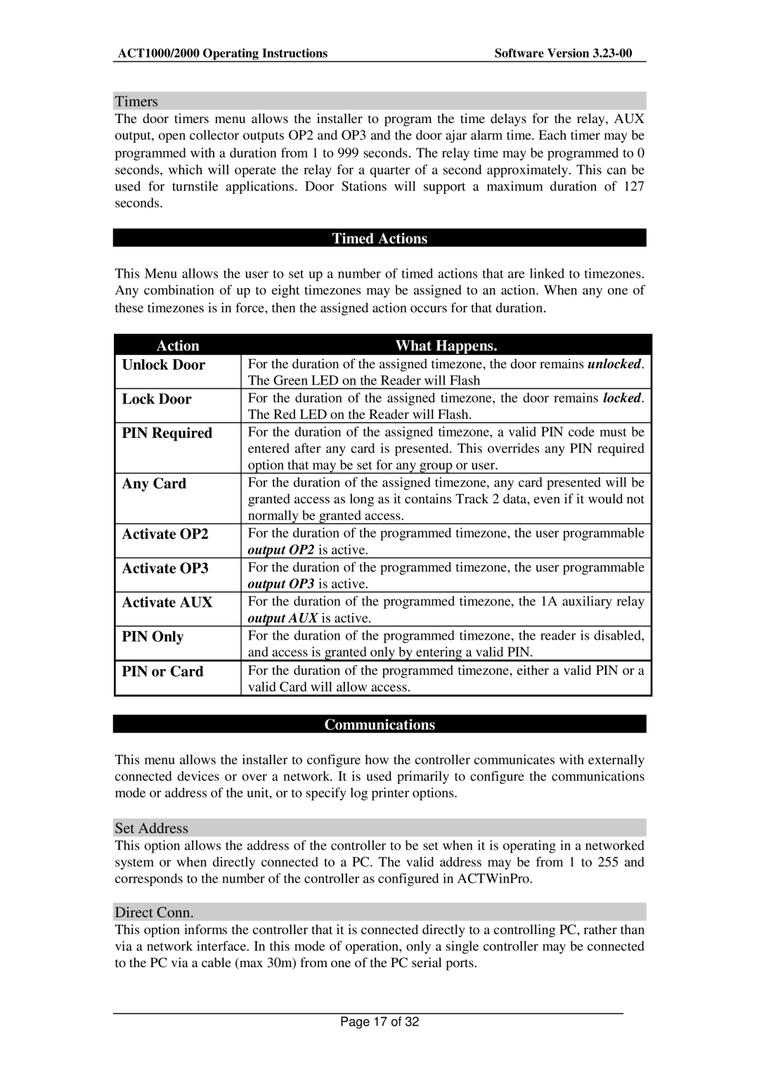 Guardian Technologies ACT1000, ACT2000 installation instructions Timed Actions, Action What Happens, Communications 