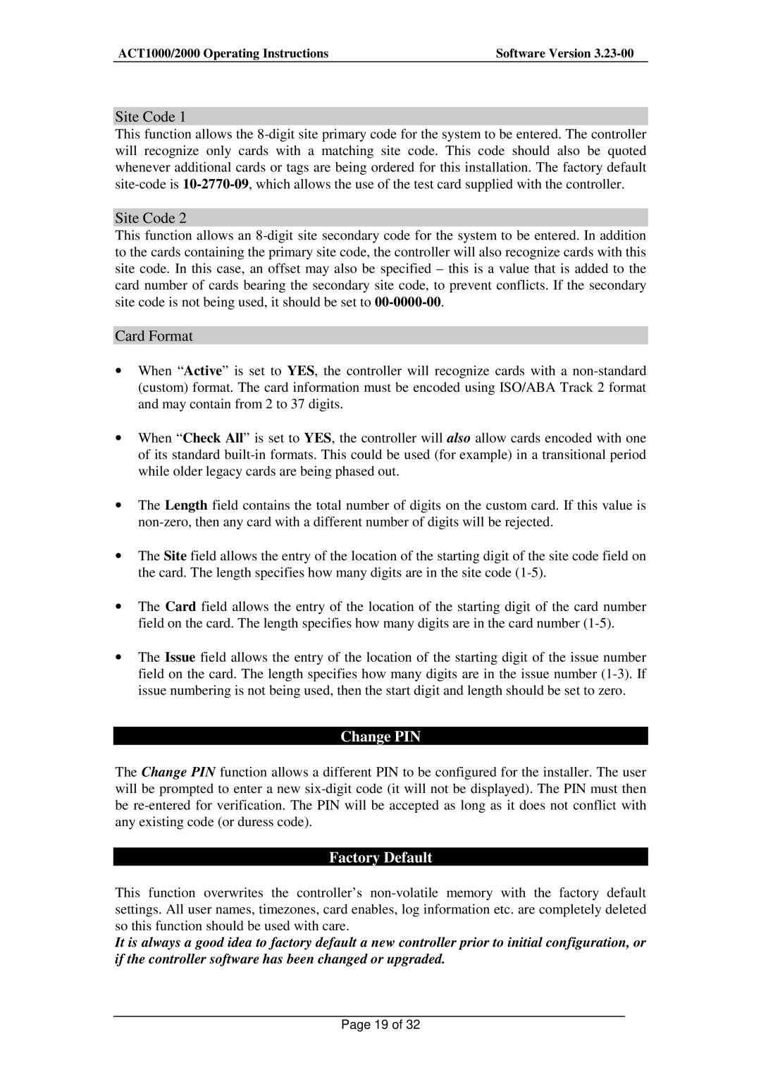 Guardian Technologies ACT1000, ACT2000 installation instructions Site Code, Card Format, Factory Default 