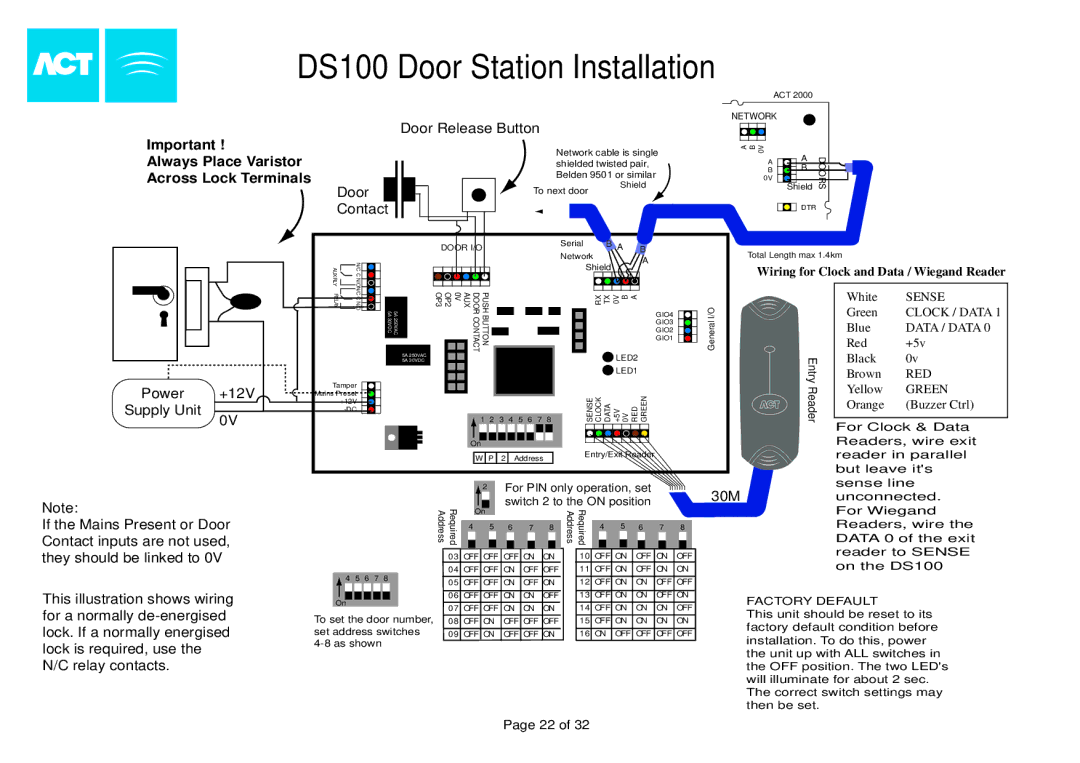 Guardian Technologies ACT2000, ACT1000 DS100 Door Station Installation, Always Place Varistor Across Lock Terminals 