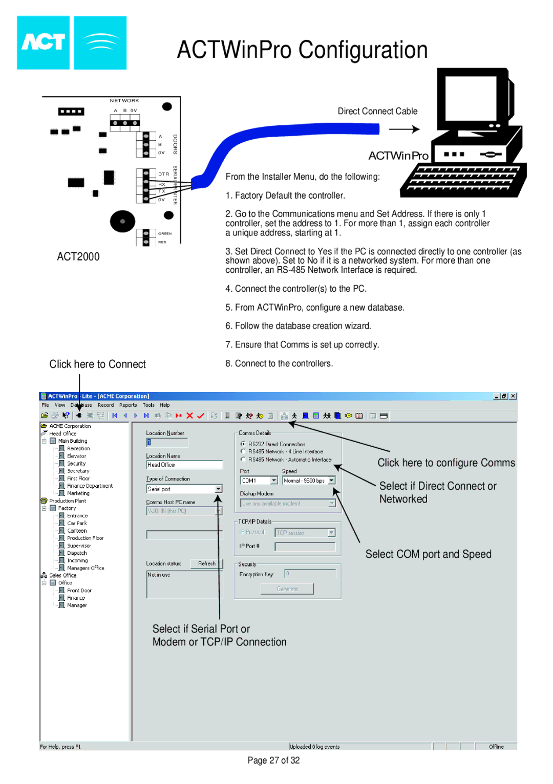 Guardian Technologies ACT1000 installation instructions ACTWinPro Configuration, ACT2000 Click here to Connect 