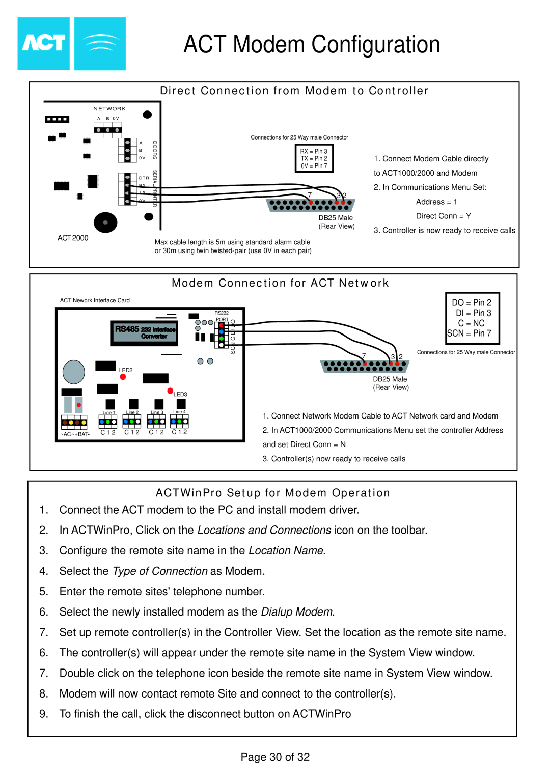 Guardian Technologies ACT2000, ACT1000 ACT Modem Configuration, Direct Connection from Modem to Controller 