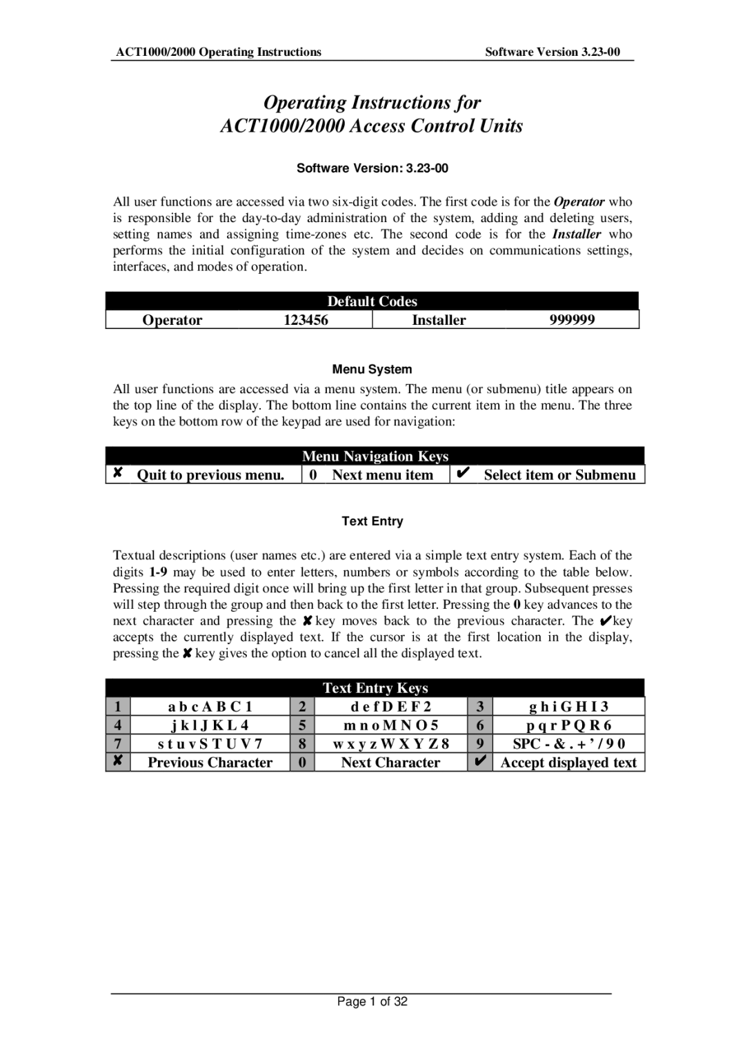 Guardian Technologies ACT1000, ACT2000 installation instructions Default Codes, Menu Navigation Keys, Text Entry Keys 