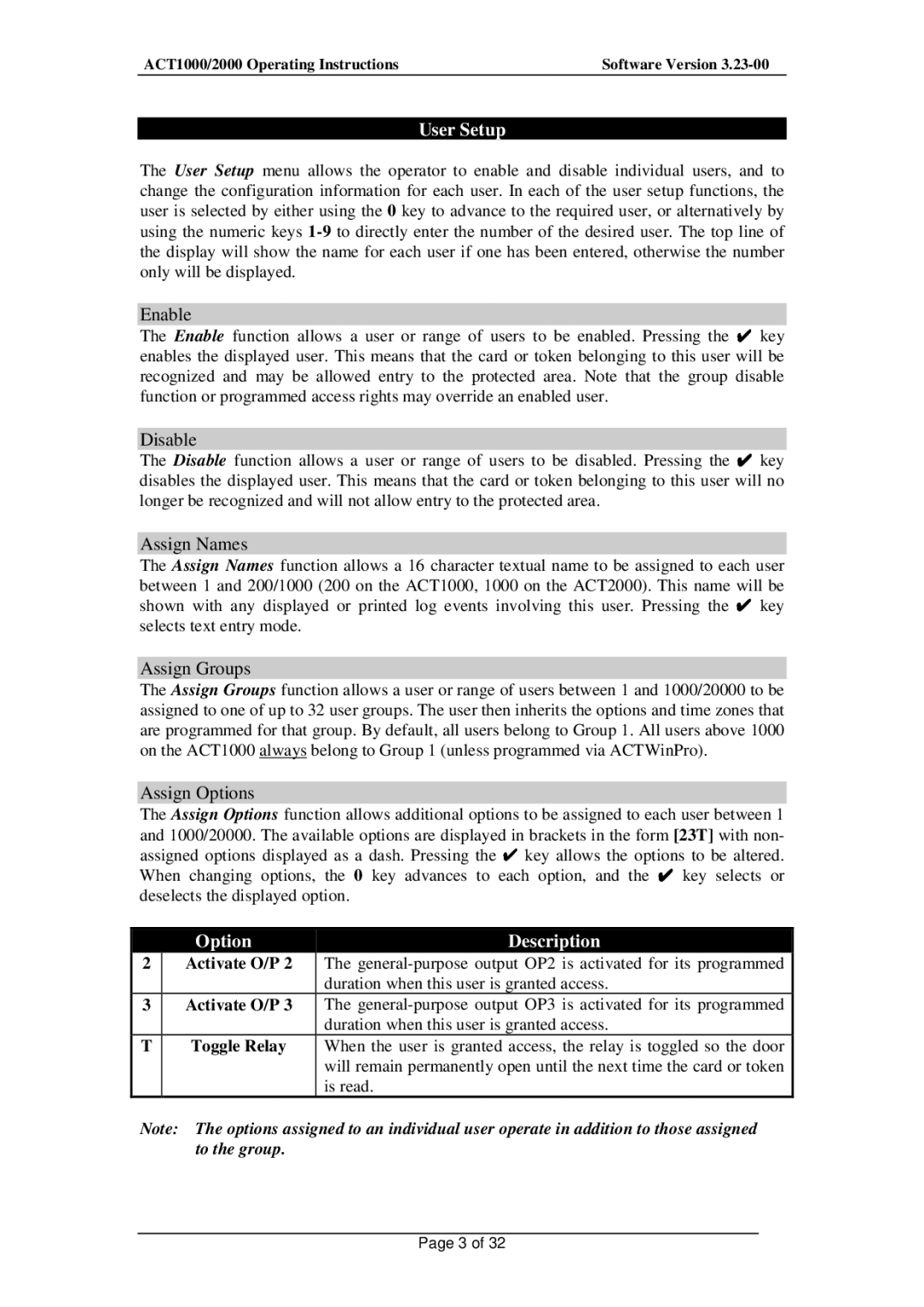 Guardian Technologies ACT1000, ACT2000 installation instructions User Setup, Option Description 