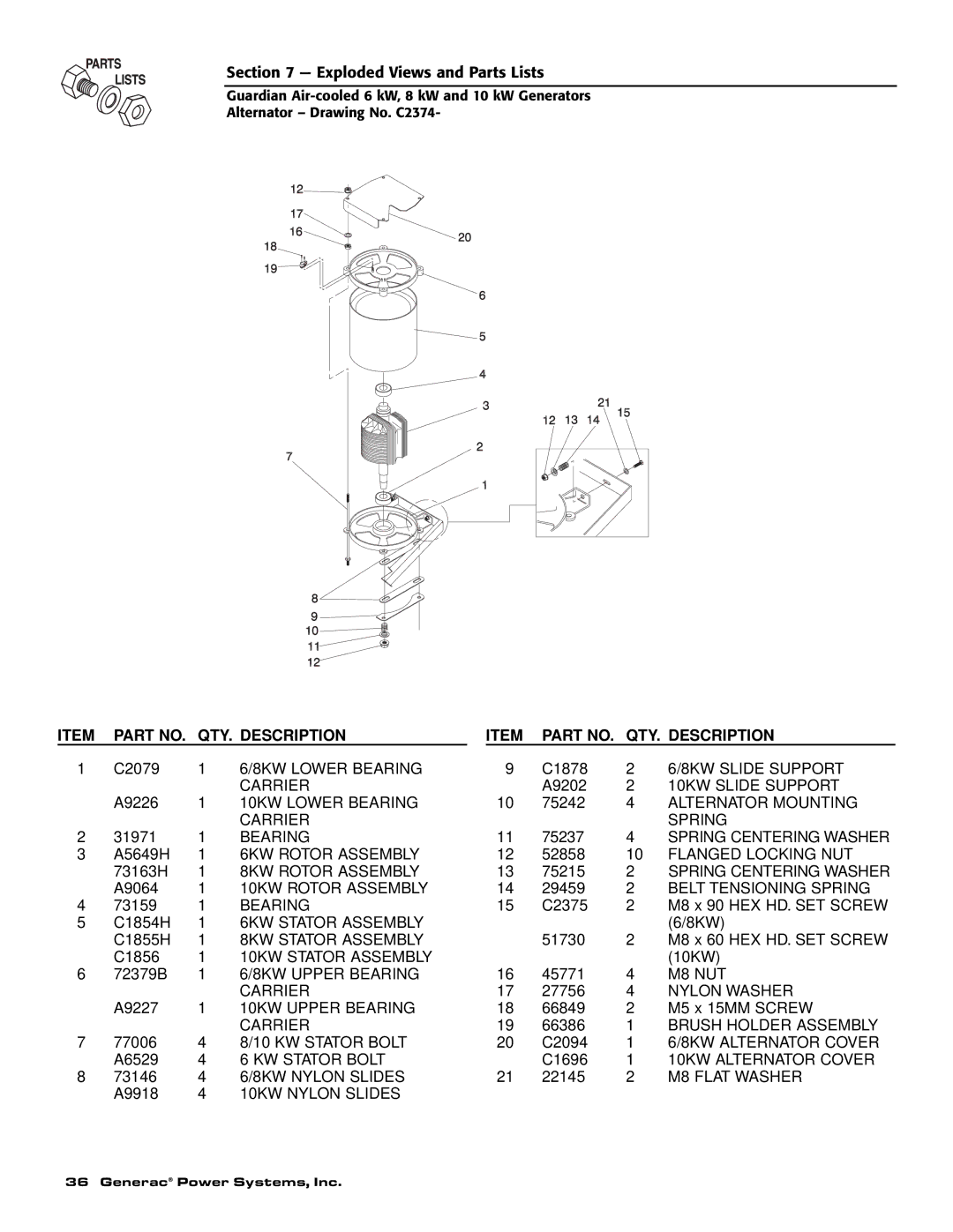 Guardian Technologies C2369 8KW Lower Bearing, 8KW Slide Support, Carrier, 10KW Slide Support, 10KW Lower Bearing, M8 NUT 