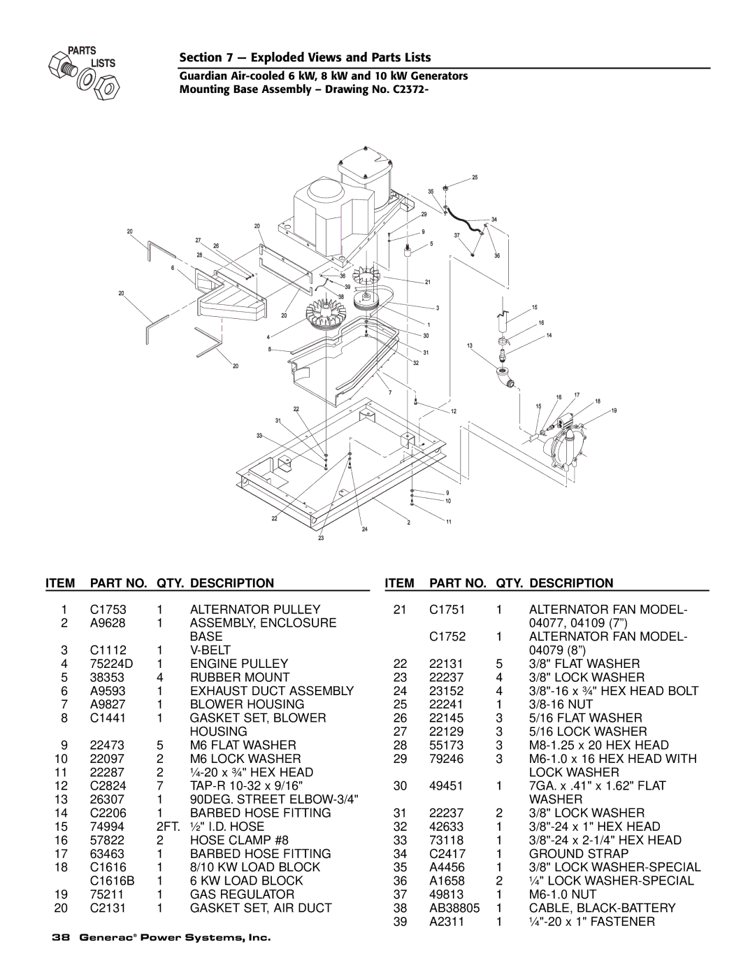 Guardian Technologies C2369 manual Alternator Pulley, Alternator FAN Model, ASSEMBLY, Enclosure, Base, Belt, Engine Pulley 