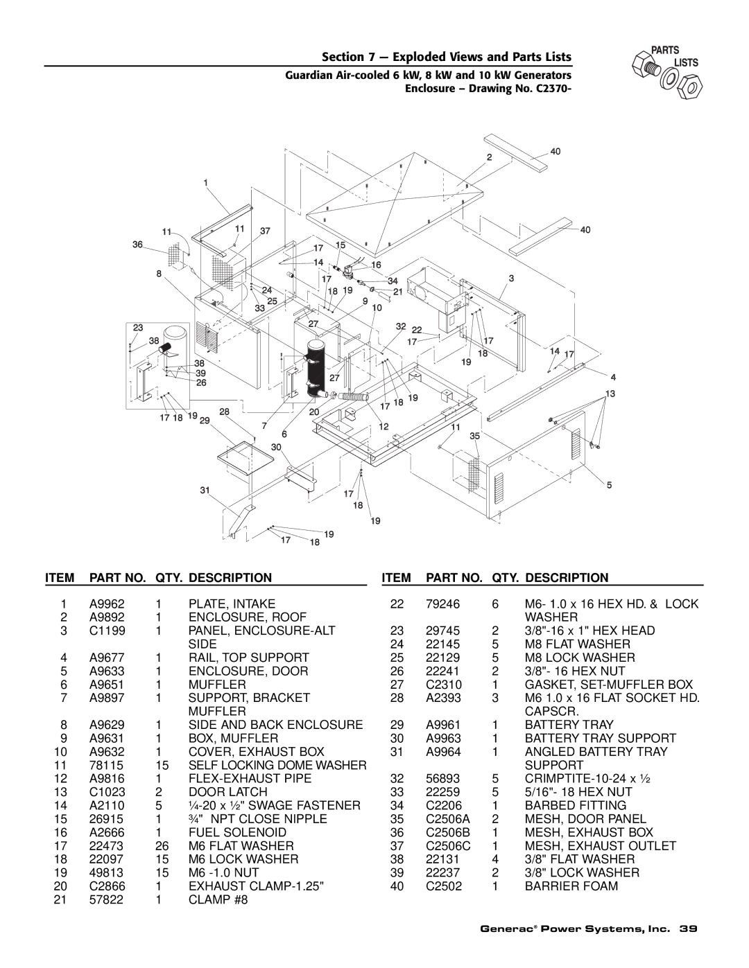 Guardian Technologies C2369 PLATE, Intake, ENCLOSURE, Roof Washer, Panel, Enclosure-Alt, Side, RAIL, TOP Support, Muffler 