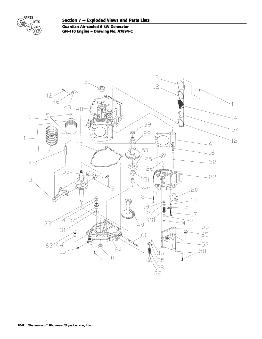 Guardian Technologies C2369 manual Exploded Views and Parts Lists, Generac Power Systems, Inc 
