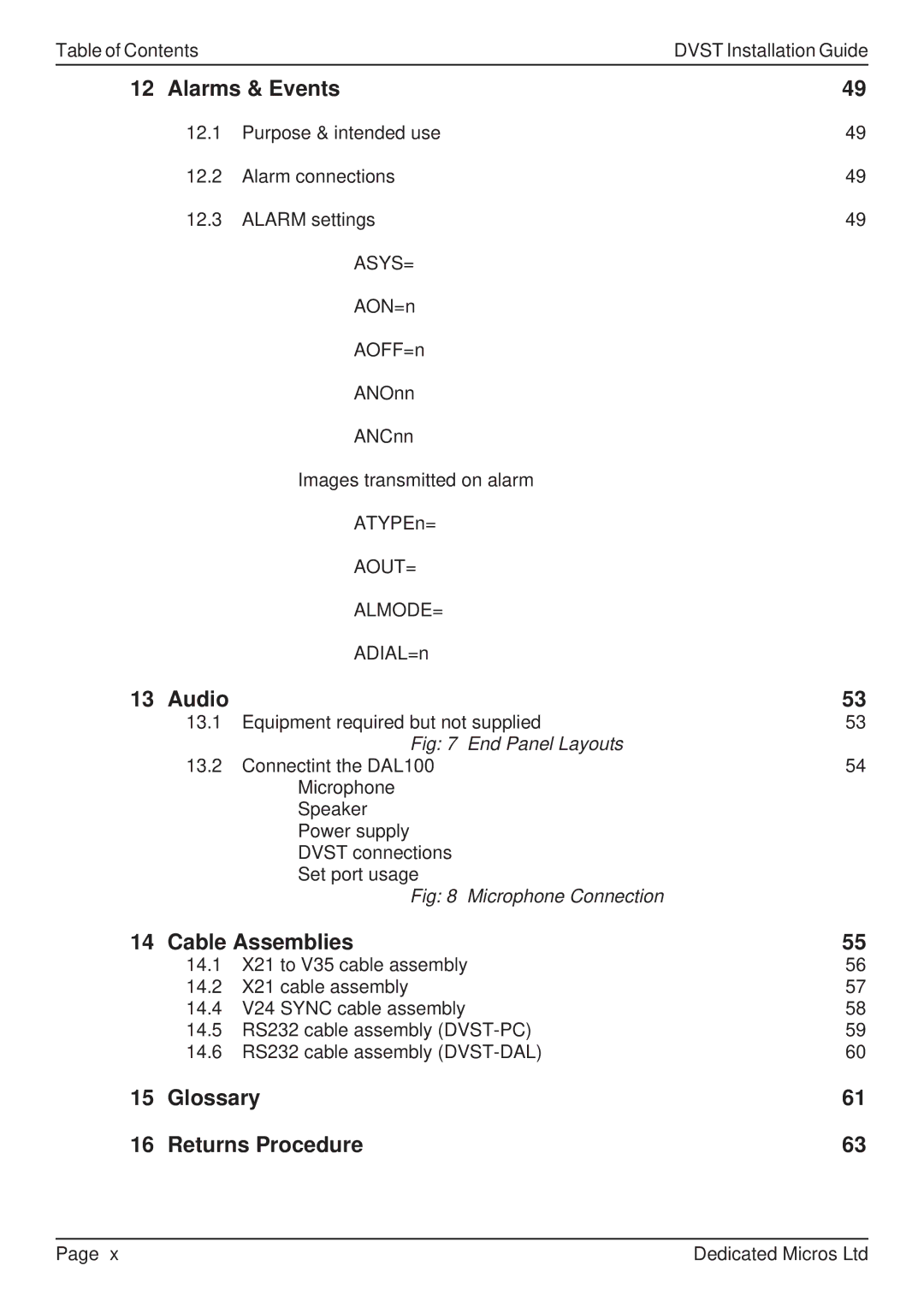 Guardian Technologies DVST, DFT 150/175 manual Alarms & Events, Audio, Cable Assemblies, Glossary Returns Procedure 