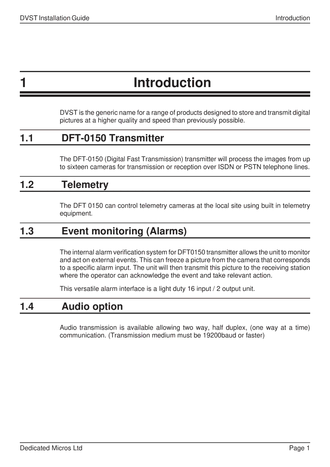 Guardian Technologies DFT 150/175 1Introduction, DFT-0150 Transmitter, Telemetry, Event monitoring Alarms, Audio option 