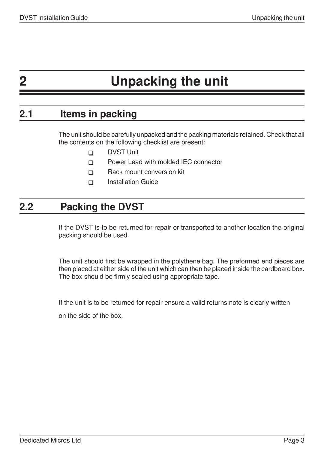 Guardian Technologies DFT 150/175, DVST manual Unpacking the unit, Items in packing, Packing the Dvst 