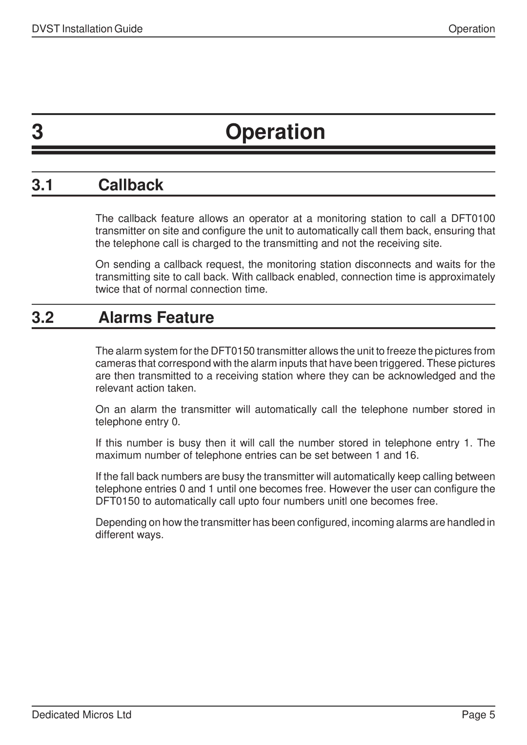 Guardian Technologies DFT 150/175, DVST manual 3Operation, Callback, Alarms Feature 