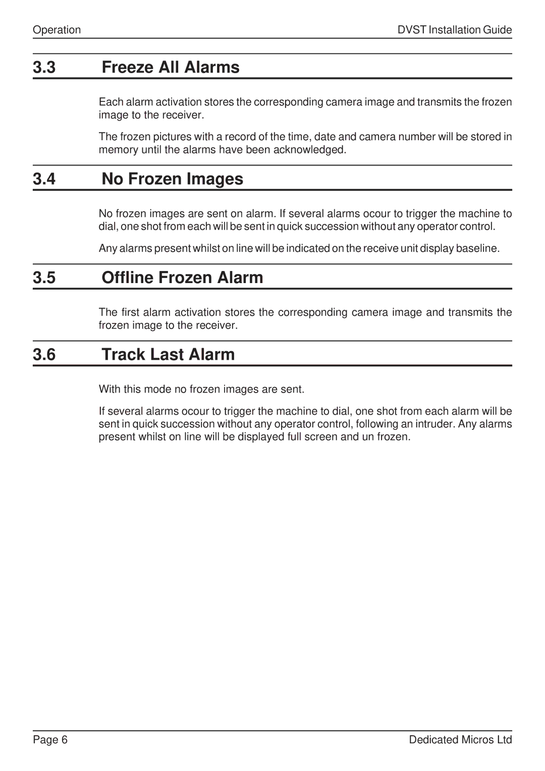 Guardian Technologies DVST, DFT 150/175 manual Freeze All Alarms, No Frozen Images, Offline Frozen Alarm, Track Last Alarm 