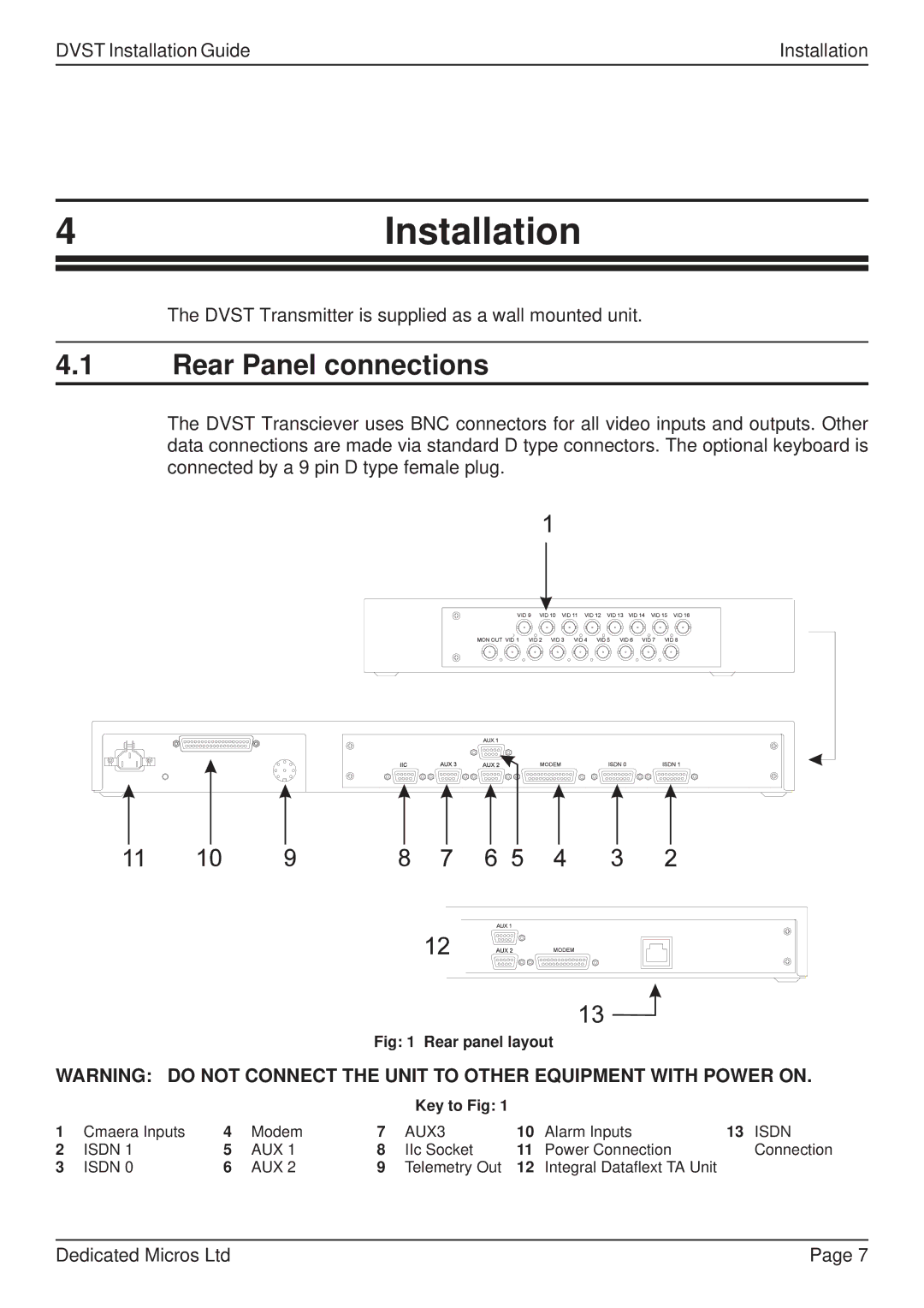 Guardian Technologies DFT 150/175, DVST manual 4Installation, Rear Panel connections 