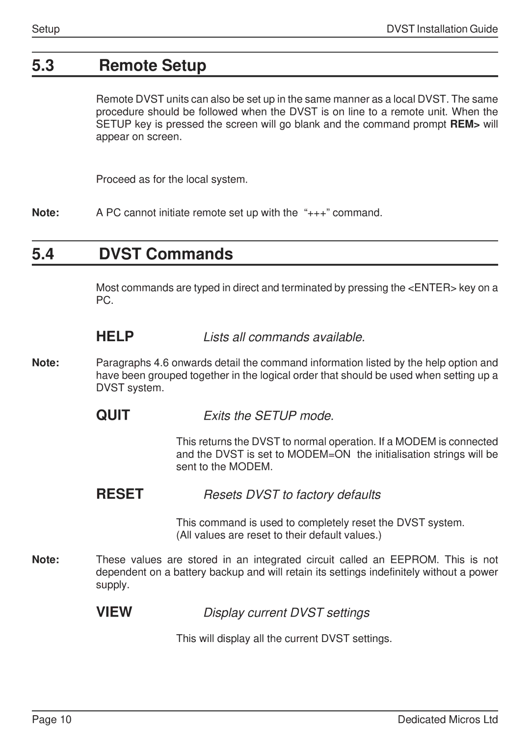 Guardian Technologies DVST, DFT 150/175 manual Remote Setup, Dvst Commands 