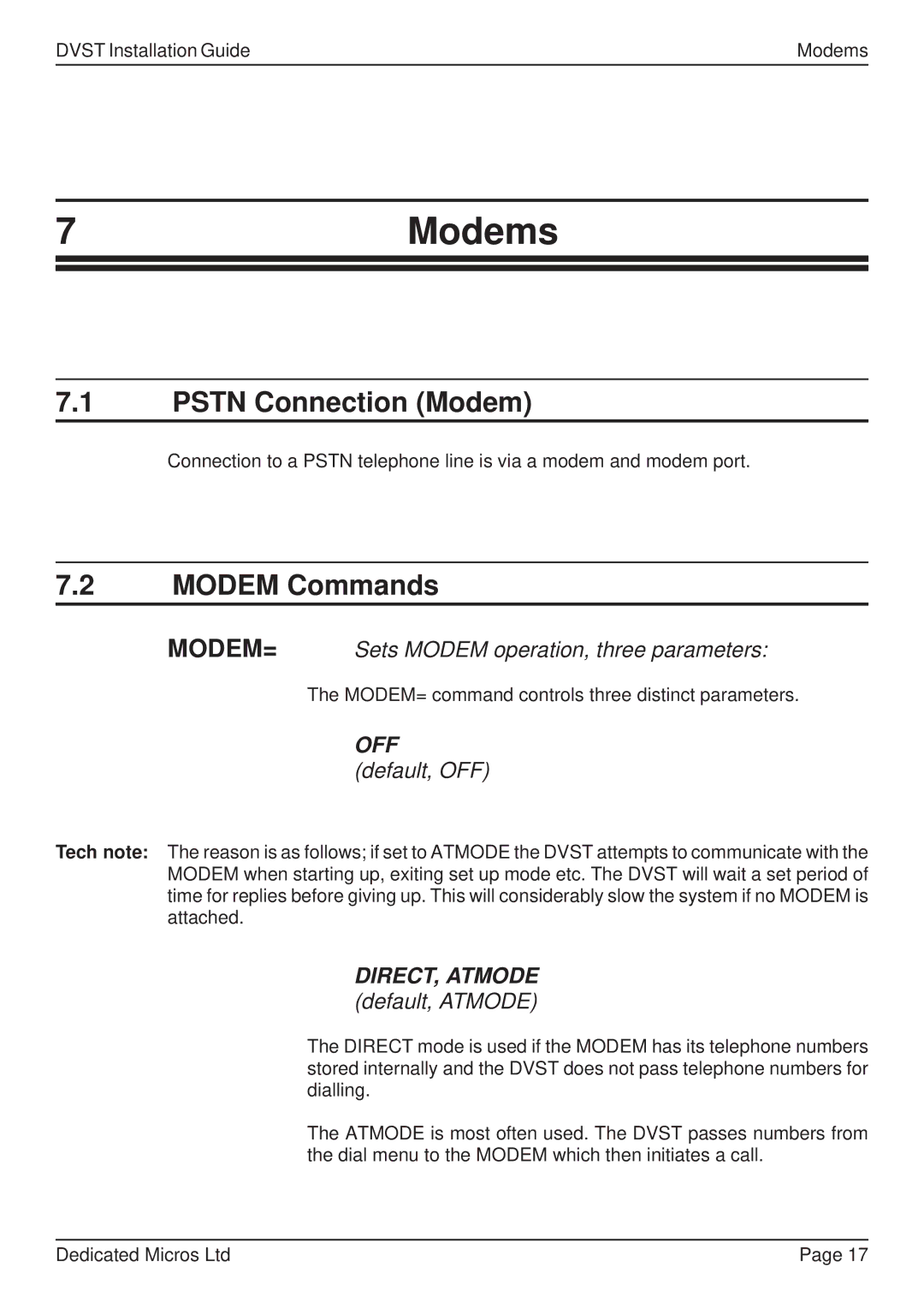 Guardian Technologies DFT 150/175, DVST manual 7Modems, Pstn Connection Modem, Modem Commands 