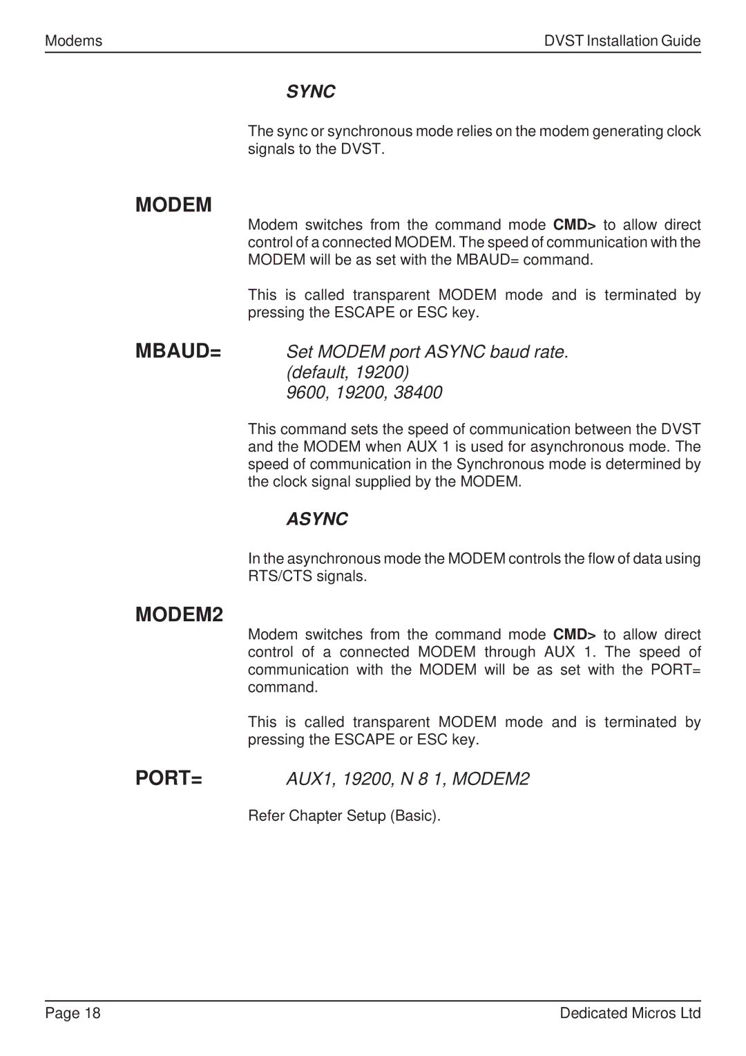 Guardian Technologies DVST, DFT 150/175 manual MBAUD= Set Modem port Async baud rate. default 9600, 19200 