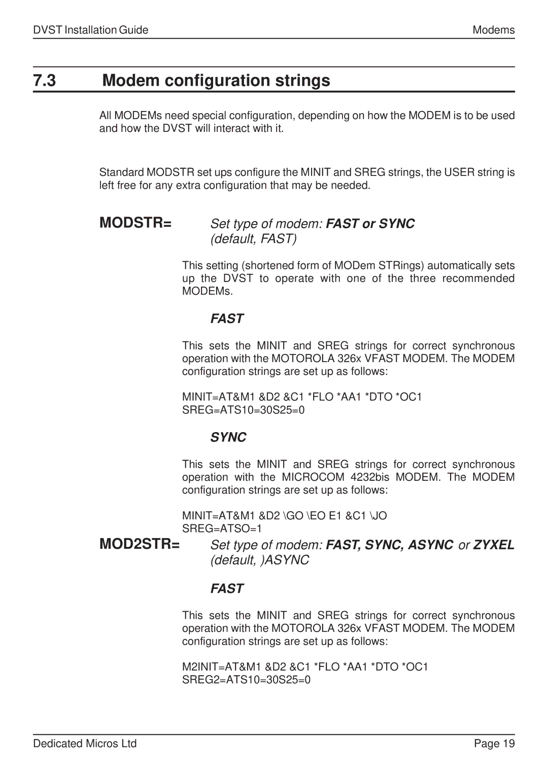 Guardian Technologies DFT 150/175, DVST Modem configuration strings, MODSTR= Set type of modem Fast or Sync default, Fast 