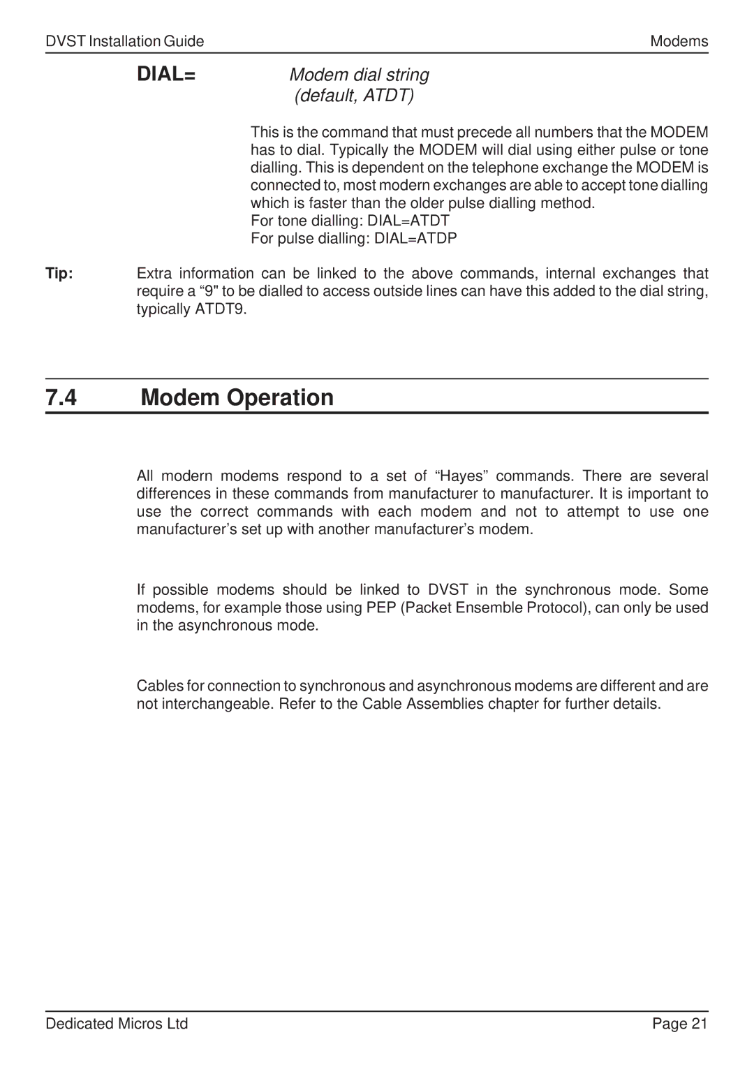 Guardian Technologies DFT 150/175, DVST manual Modem Operation, Modem dial string, Default, Atdt 