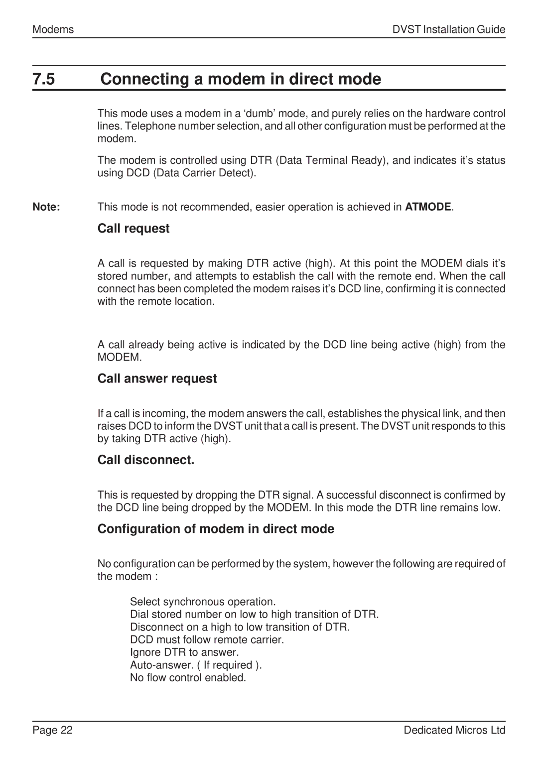 Guardian Technologies DVST manual Connecting a modem in direct mode, Call request, Call answer request, Call disconnect 