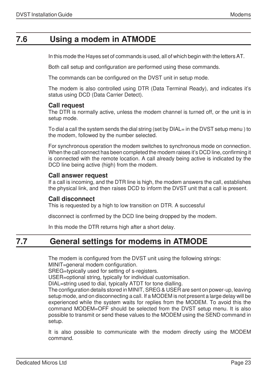 Guardian Technologies DFT 150/175, DVST manual Using a modem in Atmode, General settings for modems in Atmode 