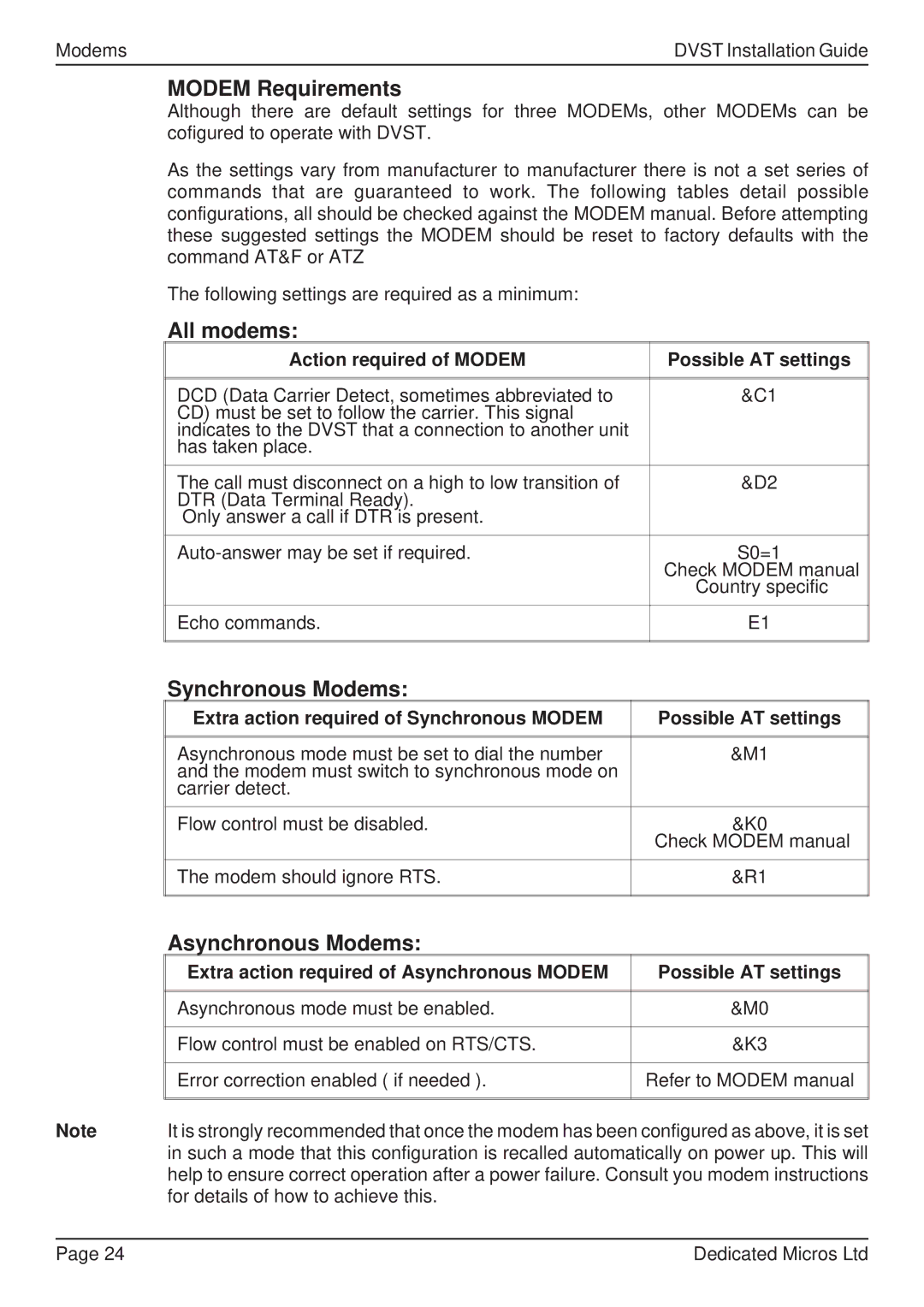 Guardian Technologies DVST, DFT 150/175 manual Modem Requirements, All modems, Synchronous Modems, Asynchronous Modems 