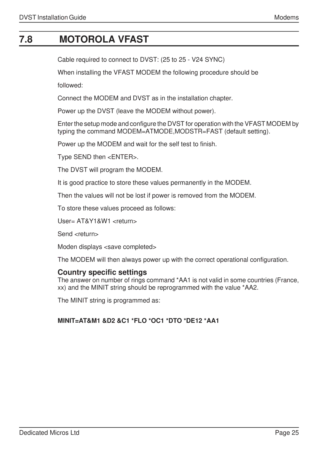 Guardian Technologies DFT 150/175, DVST manual Country specific settings, MINIT=AT&M1 &D2 &C1 *FLO *OC1 *DTO *DE12 *AA1 
