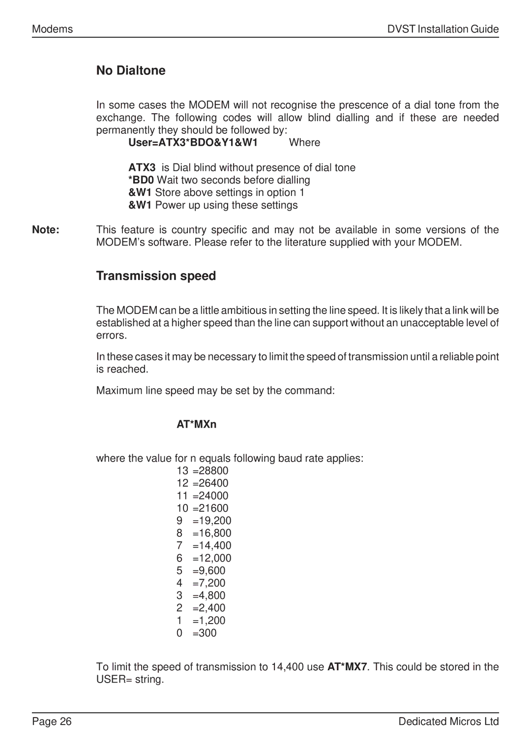 Guardian Technologies DVST, DFT 150/175 manual No Dialtone, Transmission speed, User=ATX3*BDO&Y1&W1 Where, AT*MXn 