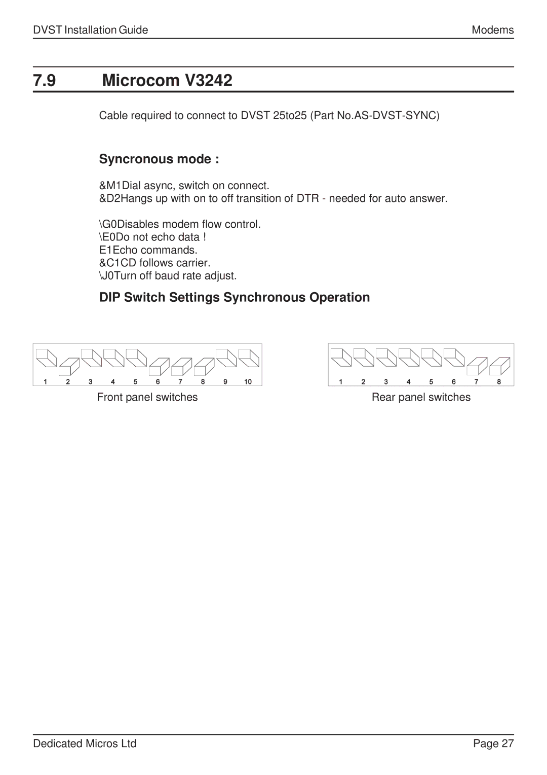 Guardian Technologies DFT 150/175, DVST manual Microcom, Syncronous mode, DIP Switch Settings Synchronous Operation 