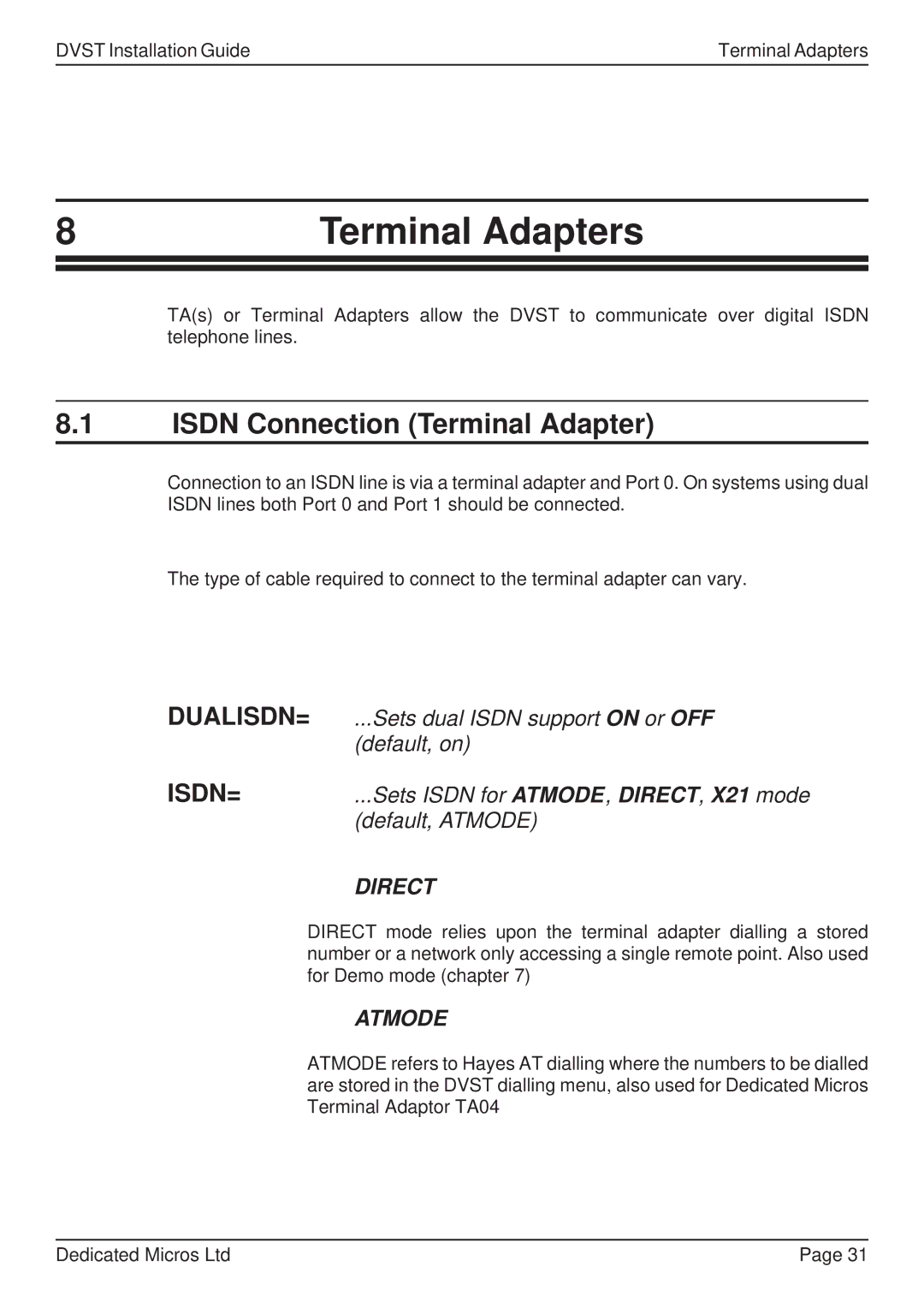 Guardian Technologies DFT 150/175 Terminal Adapters, Isdn Connection Terminal Adapter, Sets dual Isdn support on or OFF 