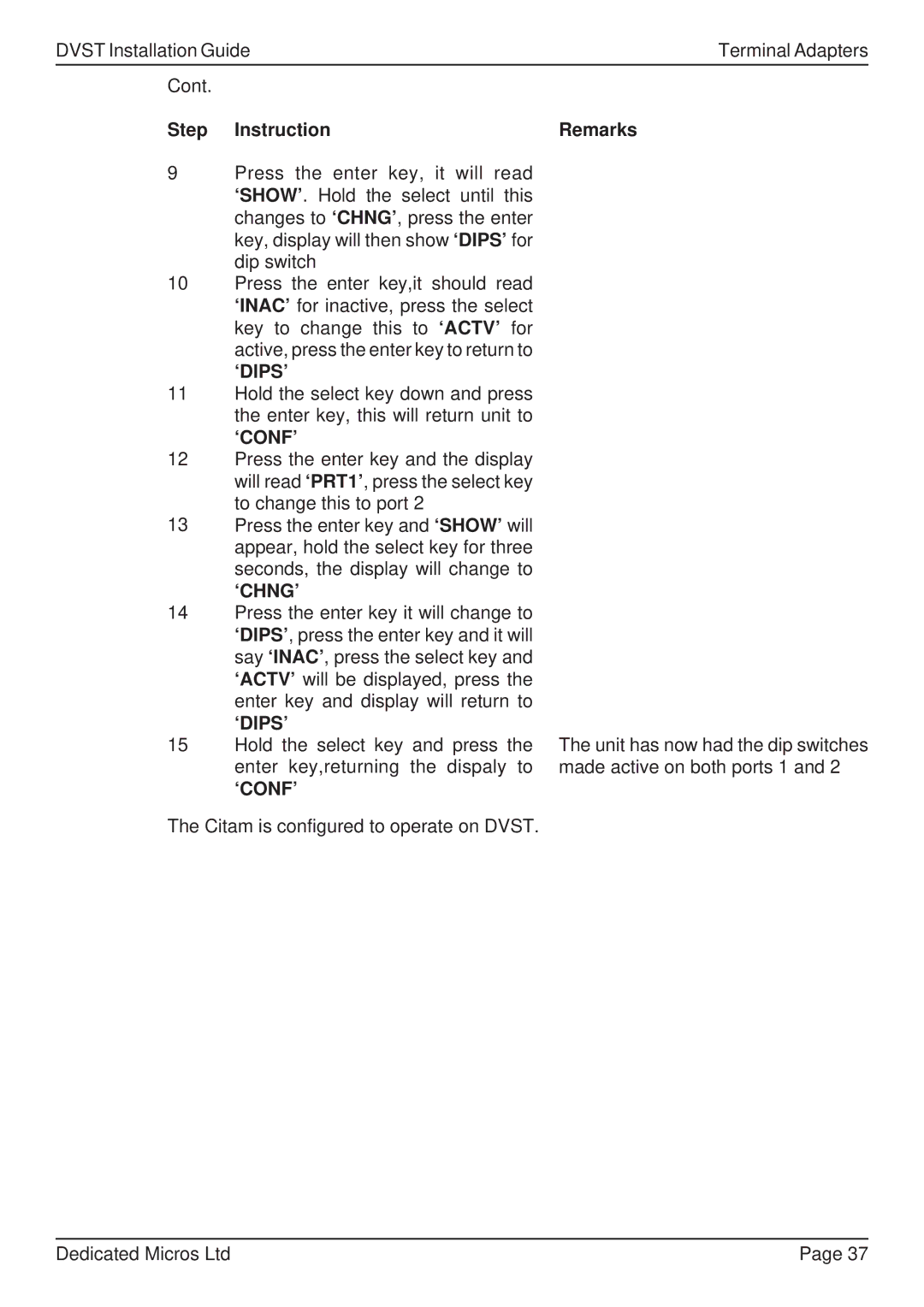 Guardian Technologies DFT 150/175, DVST manual ‘Dips’, ‘Chng’ 