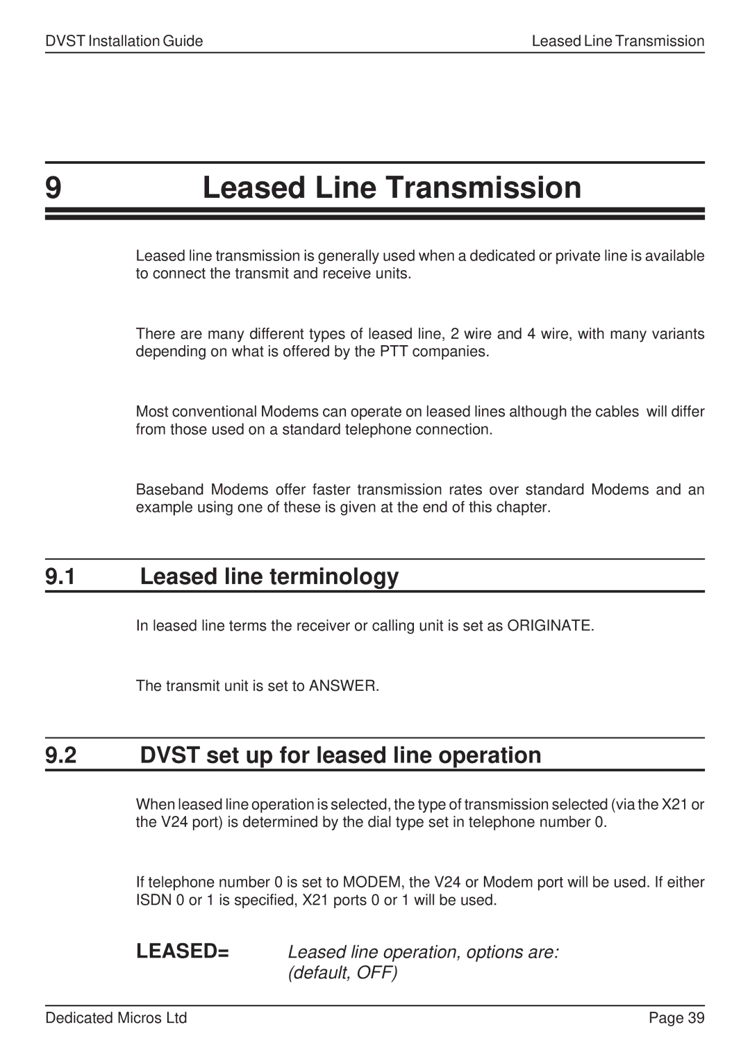 Guardian Technologies DFT 150/175 Leased Line Transmission, Leased line terminology, Dvst set up for leased line operation 