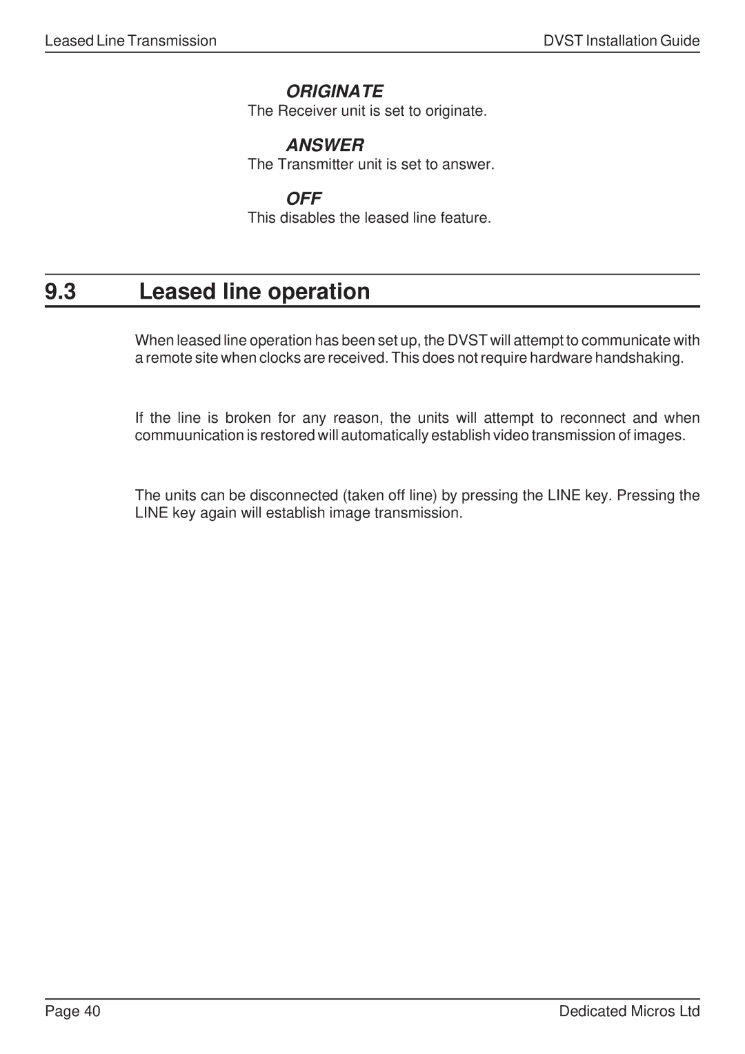 Guardian Technologies DVST, DFT 150/175 manual Leased line operation 