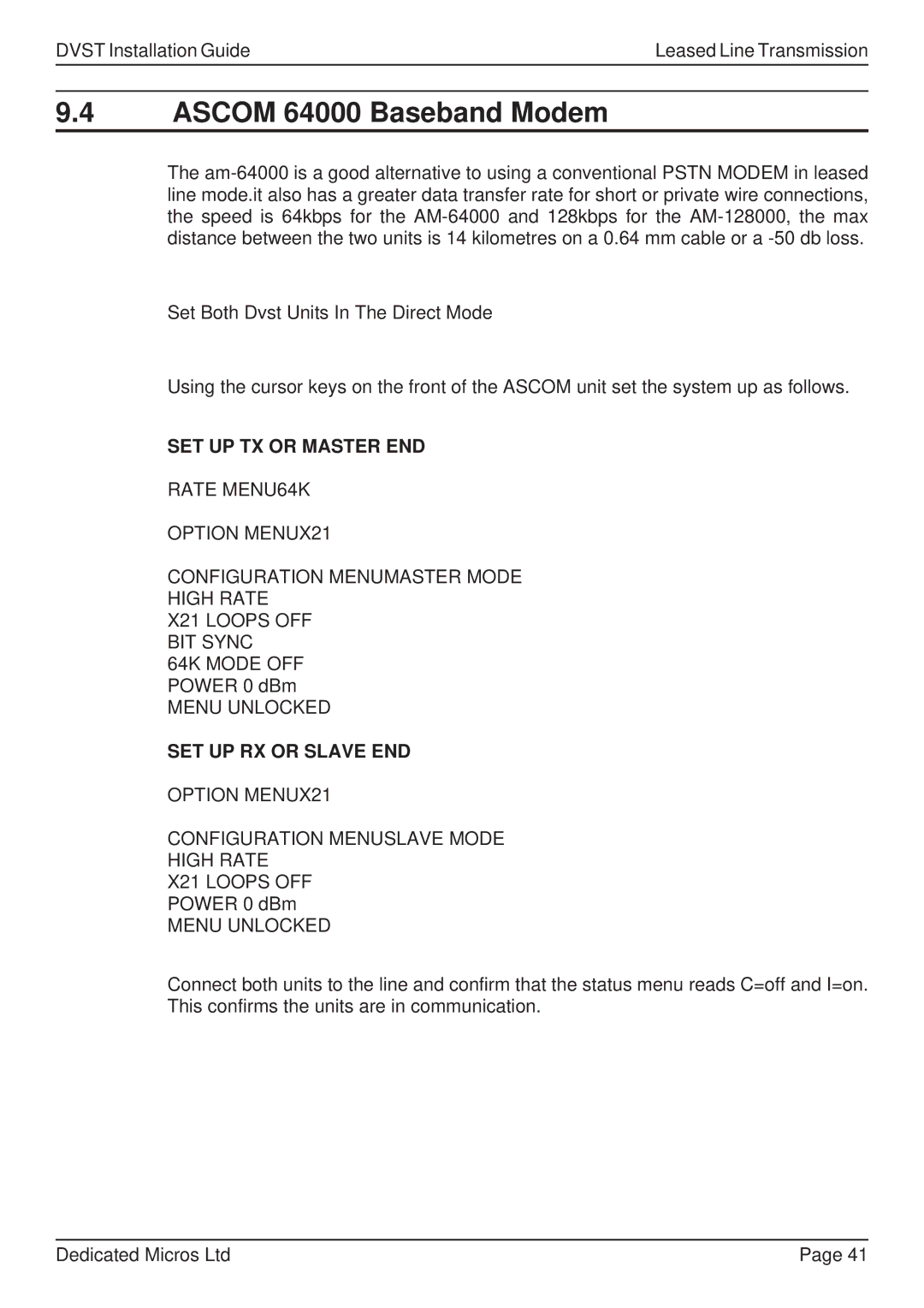 Guardian Technologies DFT 150/175, DVST manual Ascom 64000 Baseband Modem, SET UP TX or Master END, SET UP RX or Slave END 