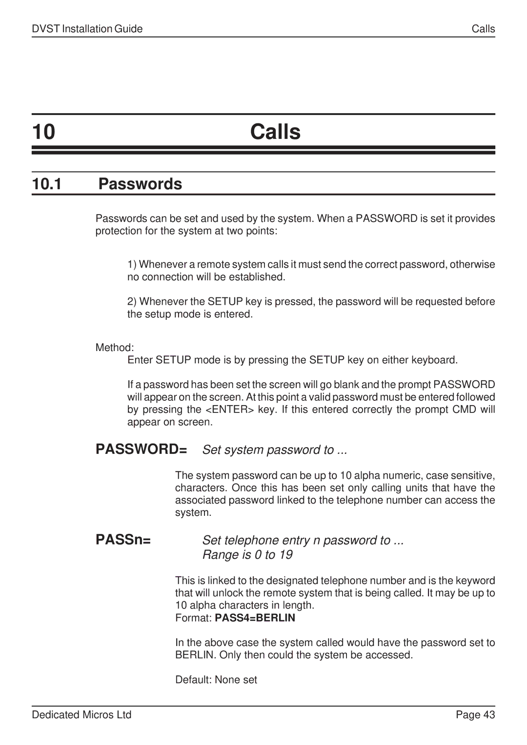 Guardian Technologies DFT 150/175 10Calls, Passwords, PASSWORD= Set system password to, Set telephone entry n password to 