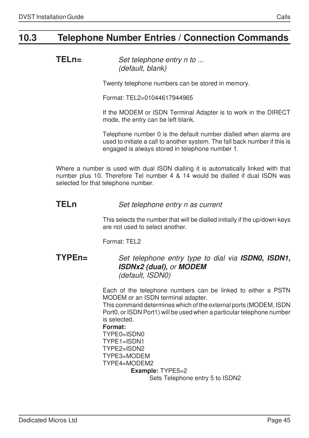 Guardian Technologies DFT 150/175 Telephone Number Entries / Connection Commands, Set telephone entry n to, Default, blank 