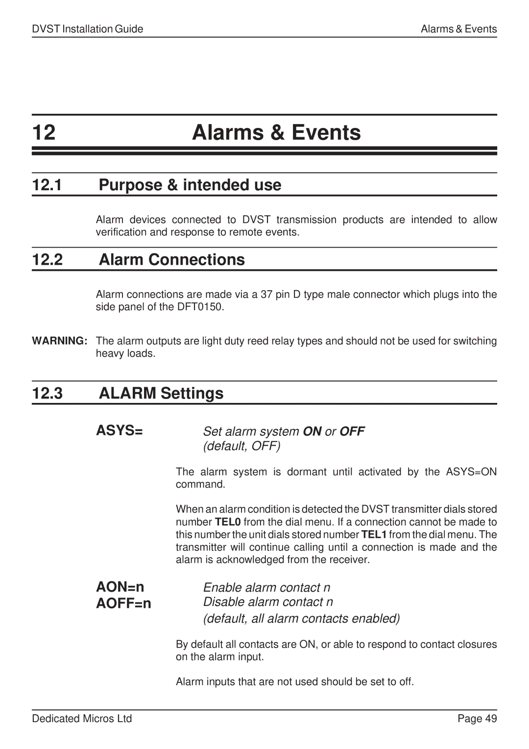 Guardian Technologies DFT 150/175, DVST manual Alarms & Events, Purpose & intended use, Alarm Connections, Alarm Settings 