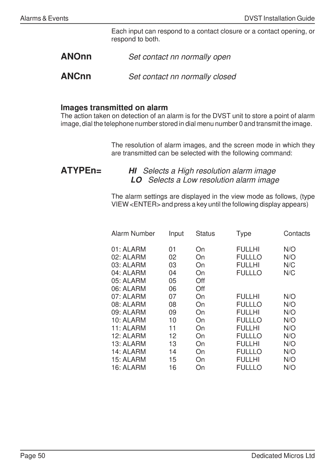 Guardian Technologies DVST manual Set contact nn normally open, Set contact nn normally closed, Images transmitted on alarm 