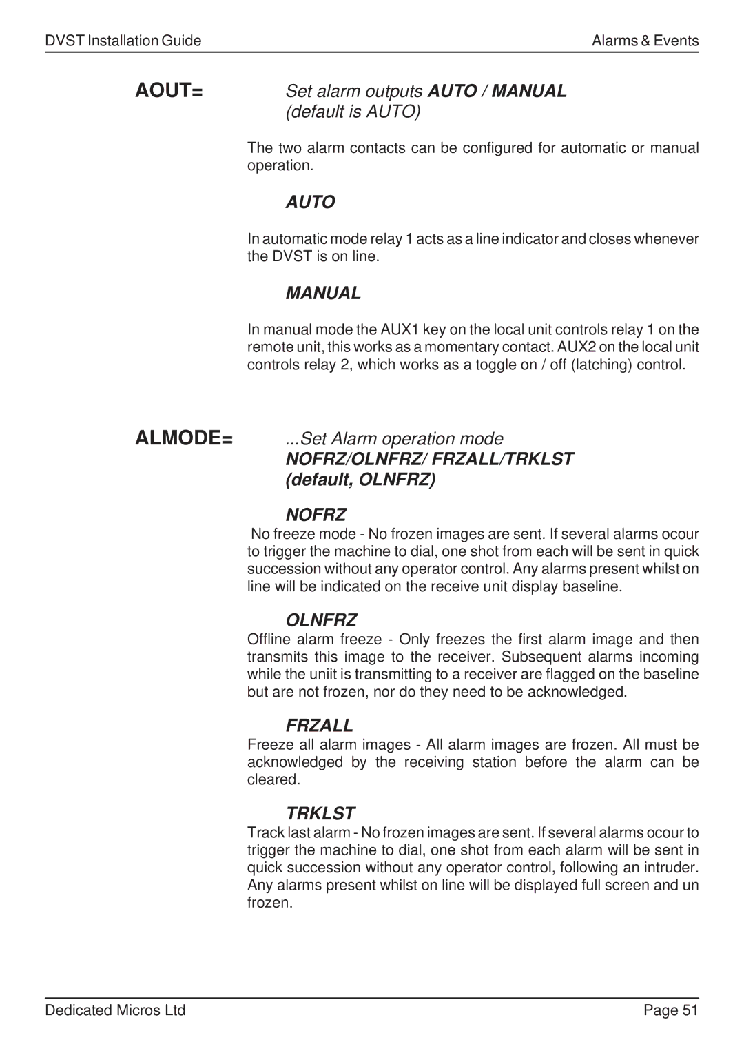 Guardian Technologies DFT 150/175 Set alarm outputs Auto / Manual, Default is Auto, ALMODE= ...Set Alarm operation mode 