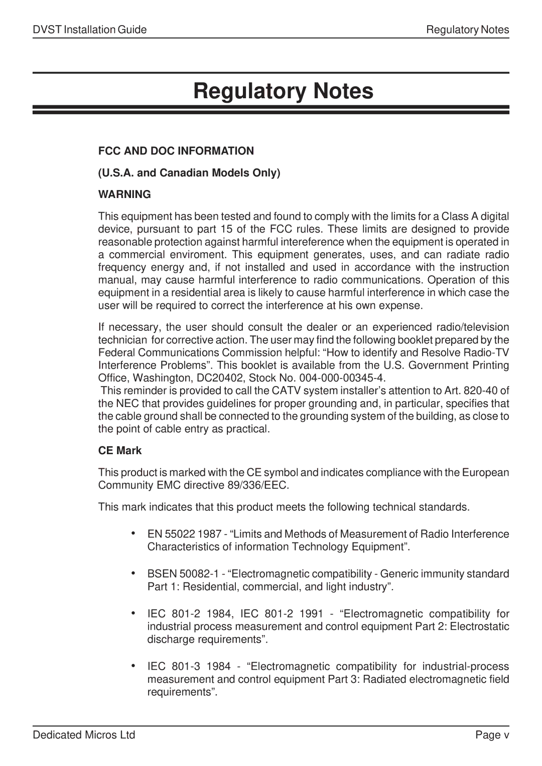 Guardian Technologies DFT 150/175, DVST Regulatory Notes, FCC and DOC Information, A. and Canadian Models Only, CE Mark 