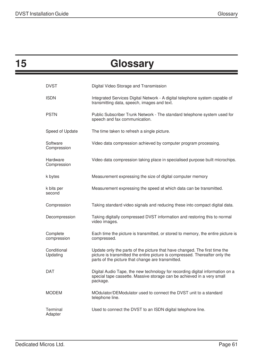 Guardian Technologies DFT 150/175, DVST manual 15Glossary, Isdn 